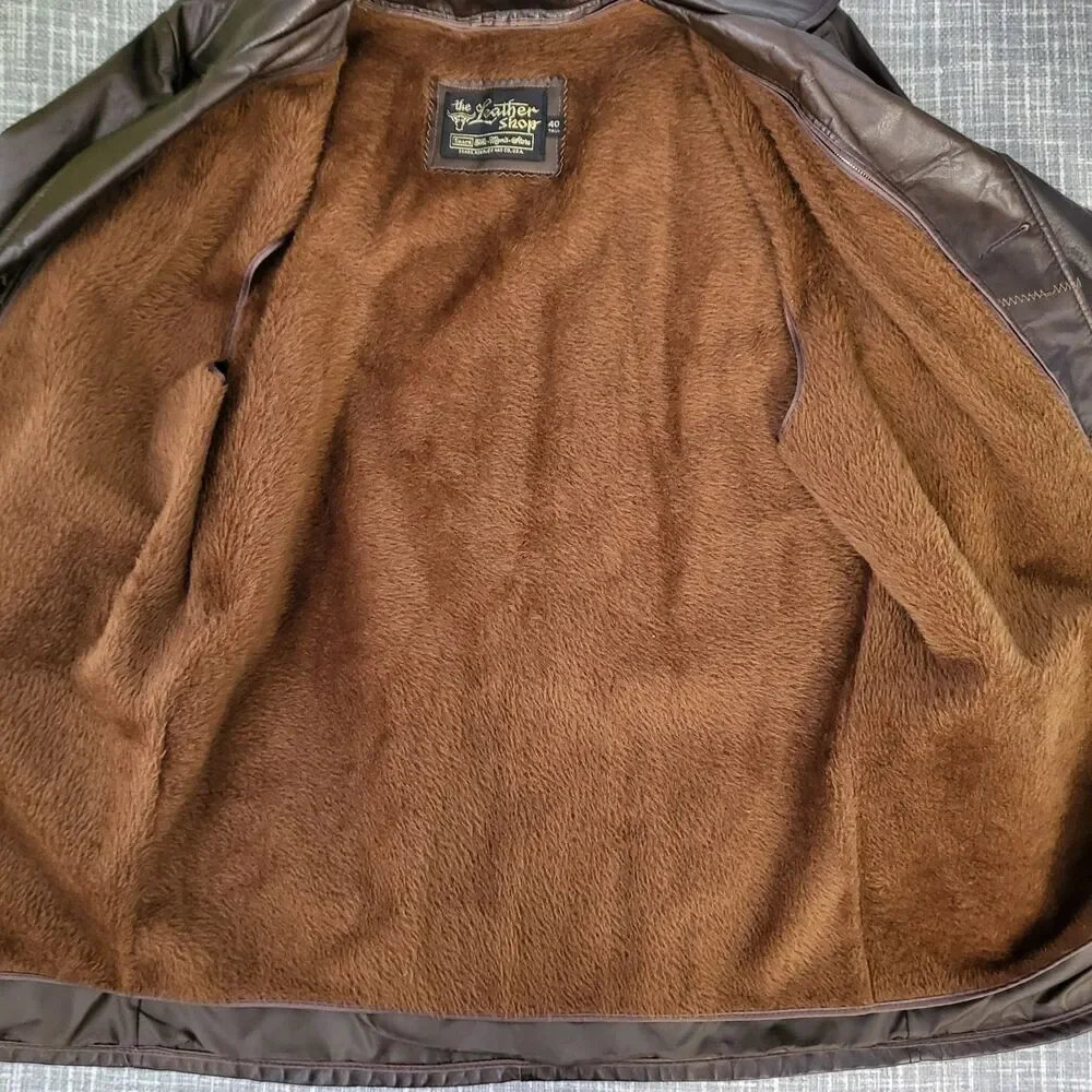 VTG Sears Leather Shop Car Coat Removable Faux Fur Lining Brown Men's 40 Tall